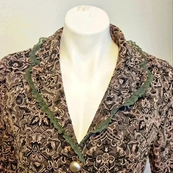 Papillon Los Angeles Tapestry Embroidered Ruffled Lace Green Brown Jacket Size M - Picture 4 of 13